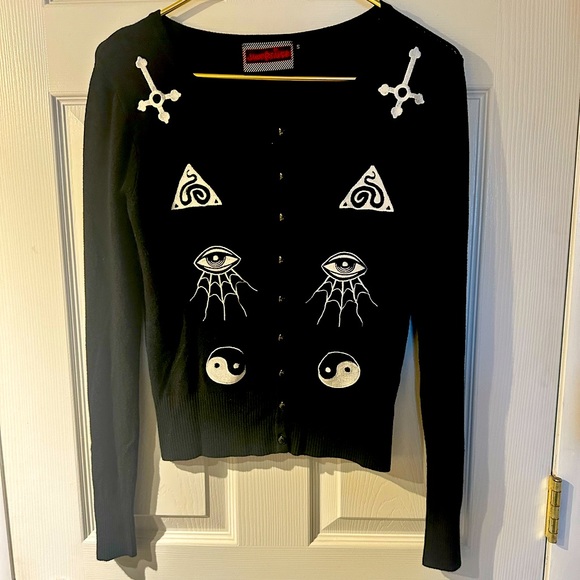 Hot Topic Tops - Hot Topic Black Button-Down Long Sleeve Cardigan with White Graphic Symbols